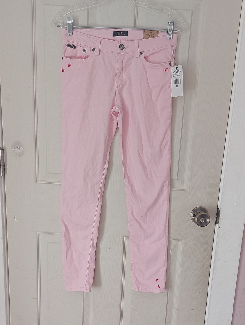 Polo Ralph Lauren The Tompkins Skinny Jeans In Soft Pastel Pink Ladybug Size 16